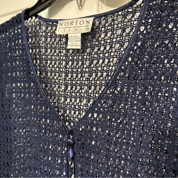 Norton Studio Size L Navy Crochet Poly Knit Short Jacket Mettallic Ribbon 3/4 Sl - Picture 2 of 5